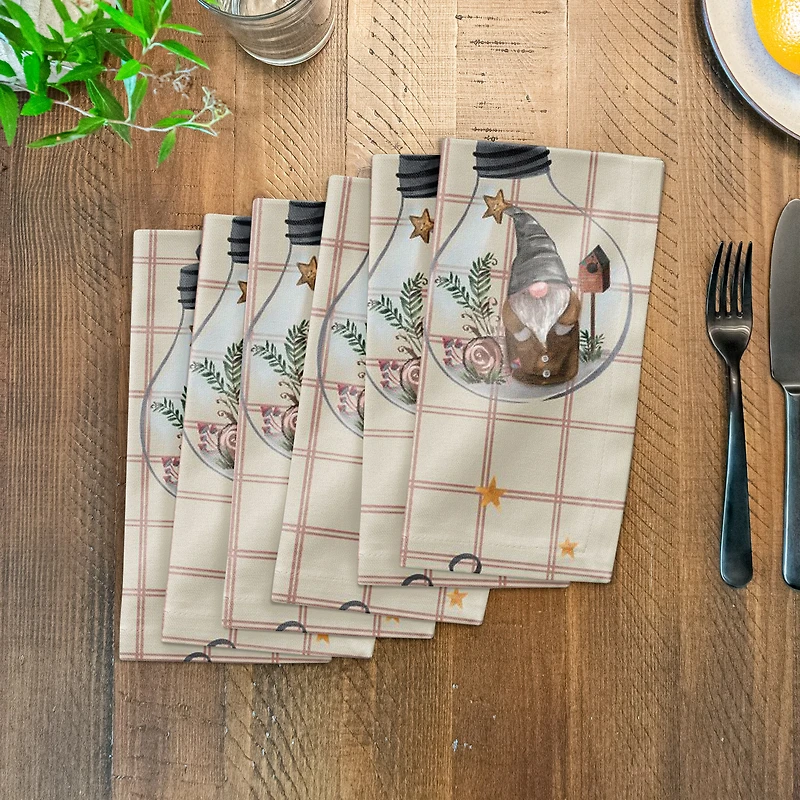 Cream & Red Check Gnome Globe Pattern Cotton Twill Napkin