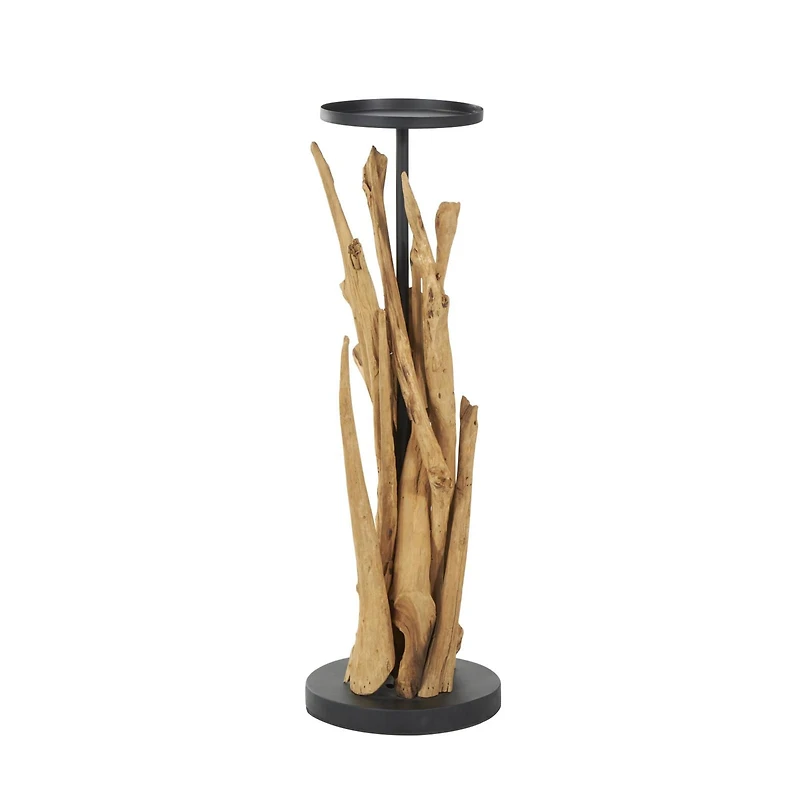 31" Brown Teak Wood Handmade Tall Tree Branch Floor Candle Holder with Black Metal Accents