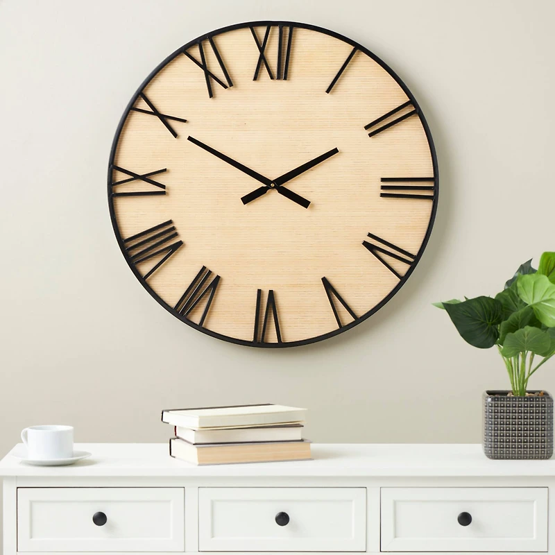 28" Light Brown Wall Clock with Black Metal Frame