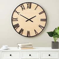 28" Light Brown Wall Clock with Black Metal Frame
