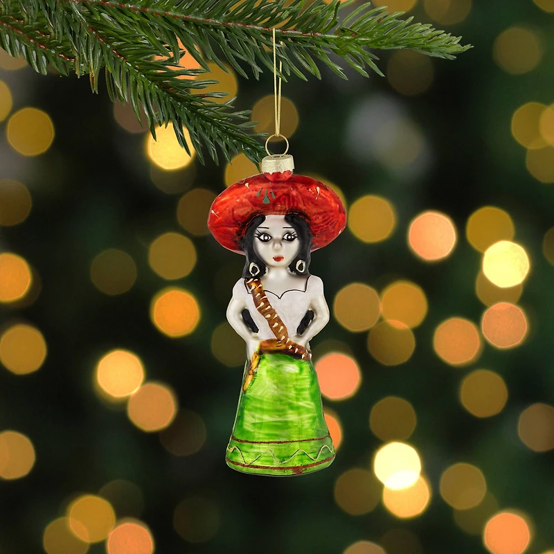 5.75" Red and Green Latina Lady Glass Christmas Ornament