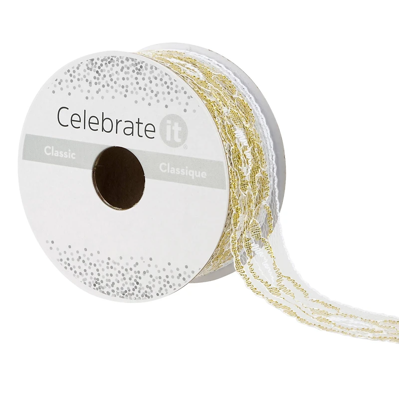 1.25'' x 3 yd. White and Gold Lace Trim Ribbon by Celebrate It®