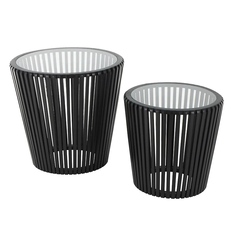 Black Wood Cage Inspired Accent Table with Clear Glass Tabletop Set