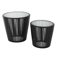 Black Wood Cage Inspired Accent Table with Clear Glass Tabletop Set