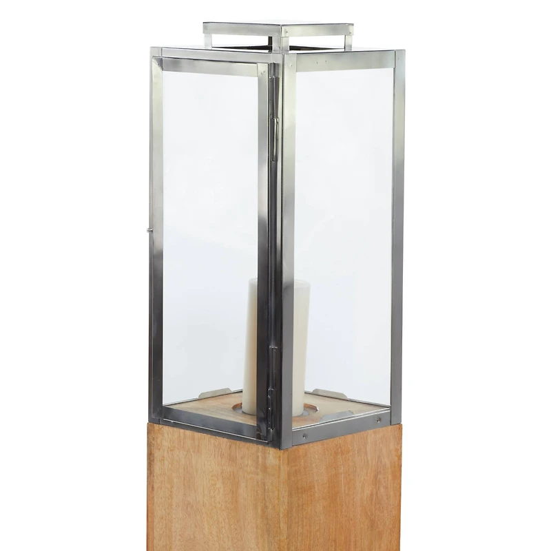 Brown Mango Wood Contemporary Candle Holder Lantern, 48" x 9" x 9"