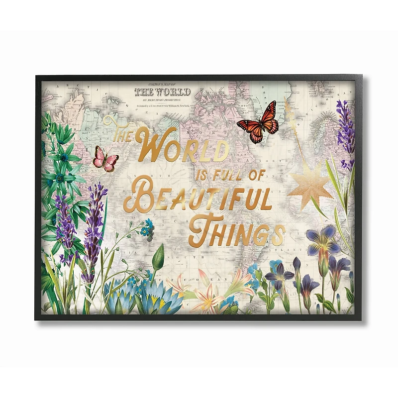 Stupell Industries Beautiful Things Floral Map Framed Wall Art