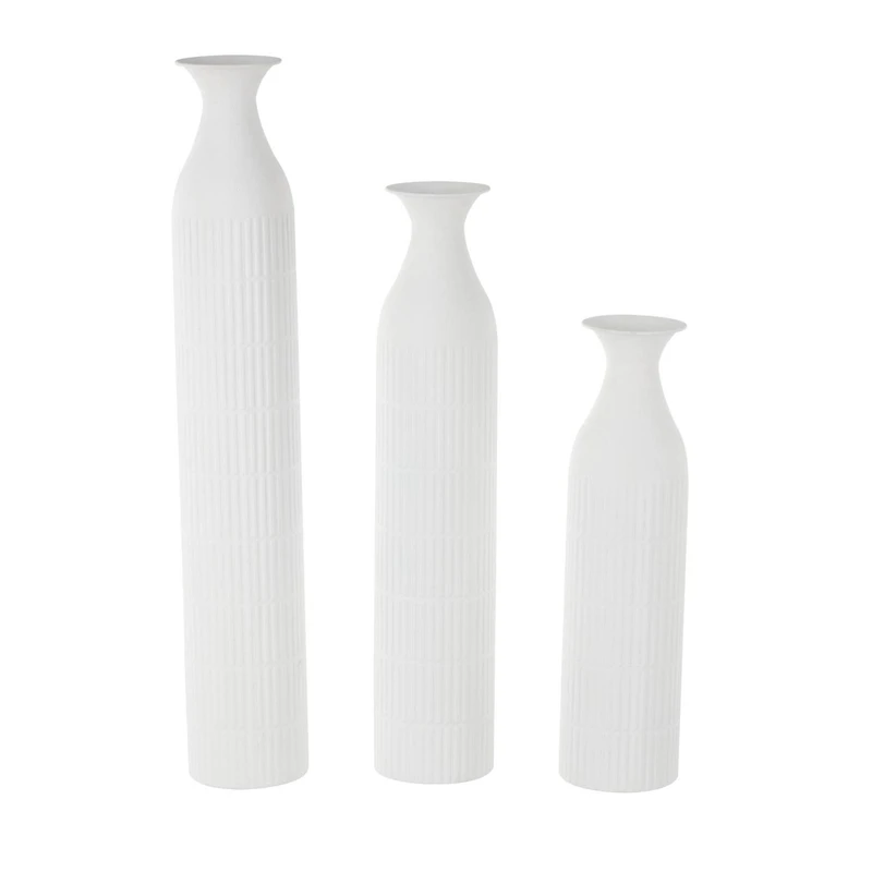 White Ribbed Floor Metal Vase Set