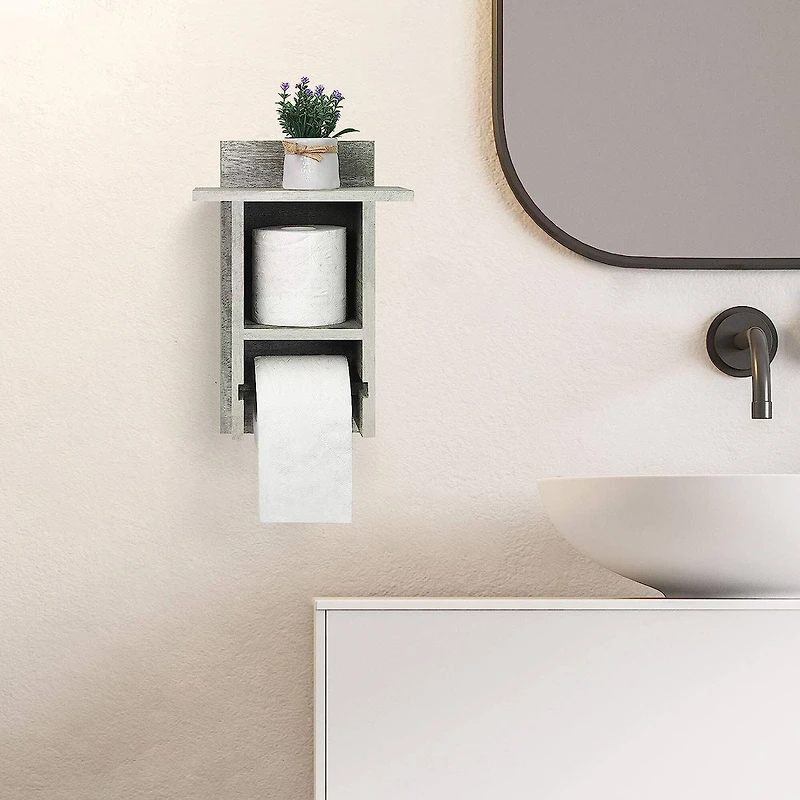 Olive Green Wood Toilet Paper Holder with Storage Shelf