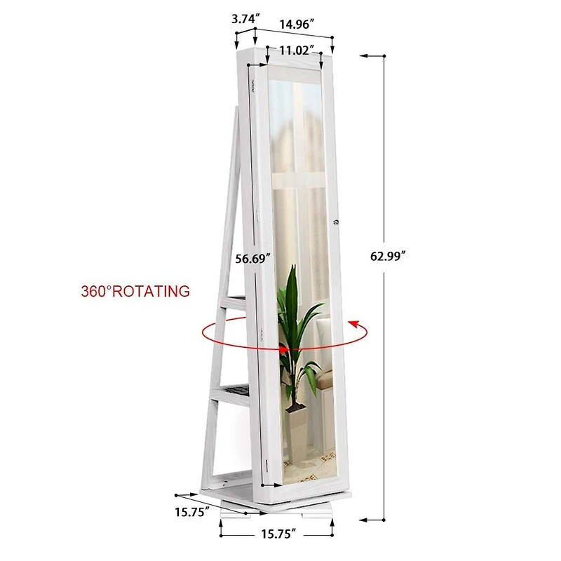 Pearl White Rotatable 2-in-1 Lockable Jewelry Cabinet