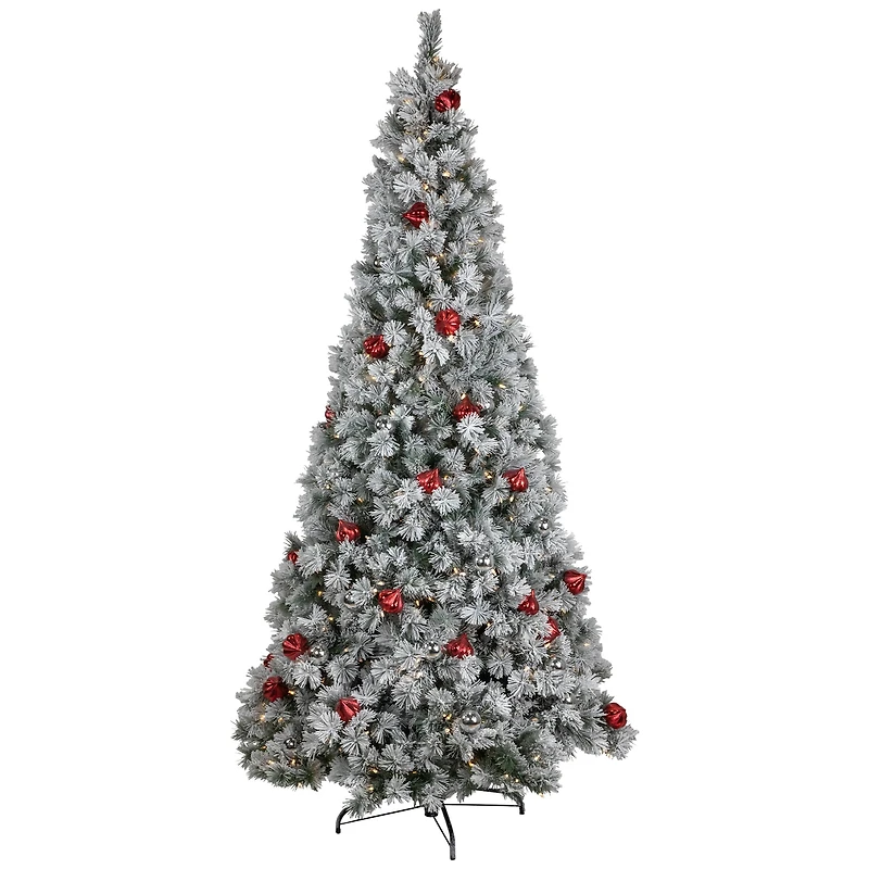 7.5ft. Pre-Lit Snowy Bristle Pine Artificial Christmas Tree with Ornaments, Warm White LED Lights