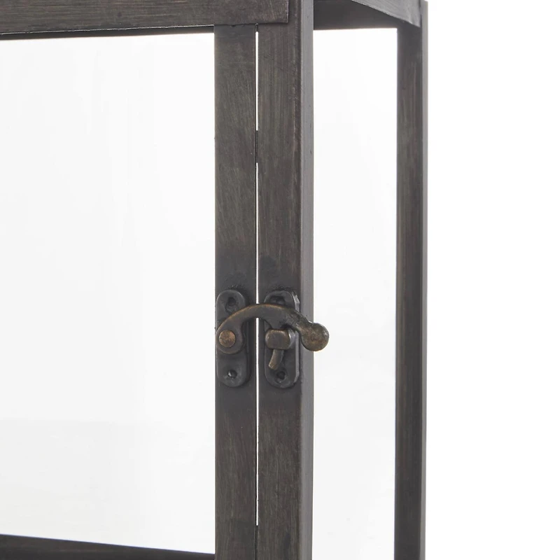 Dark Gray Brushed & Wood Top Rectangular Candle Lantern Set