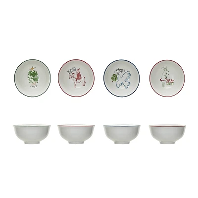 Hello Honey® 4.5" Stoneware Bowl with Holiday Image and Colored Rim Set
