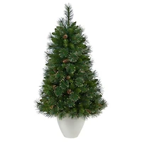 4ft. Pre-Lit Golden Tip Washington Pine with Pinecones Artificial Christmas Tree In White Planter, Clear Lights