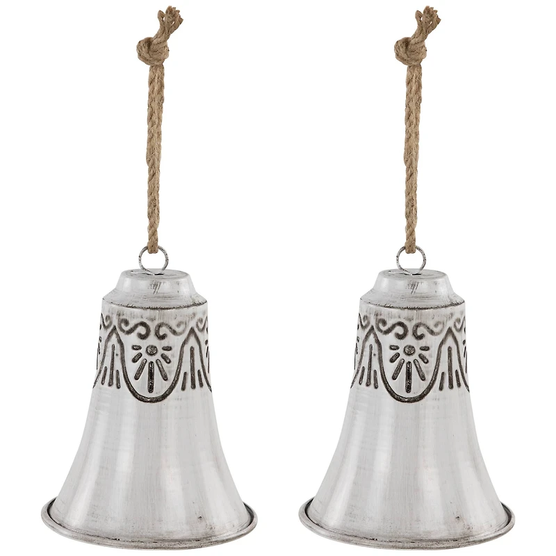 Embossed Bells Christmas Ornaments - 6" - Gray and White - Set of 2