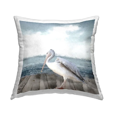 Stupell Industries White Coastal Egret Perched Ocean Dock Throw Pillow, 18" x 18"