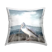 Stupell Industries White Coastal Egret Perched Ocean Dock Throw Pillow, 18" x 18"