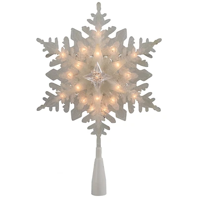 10" Lighted White Frosted Stacked Snowflake Christmas Tree Topper, Clear Lights