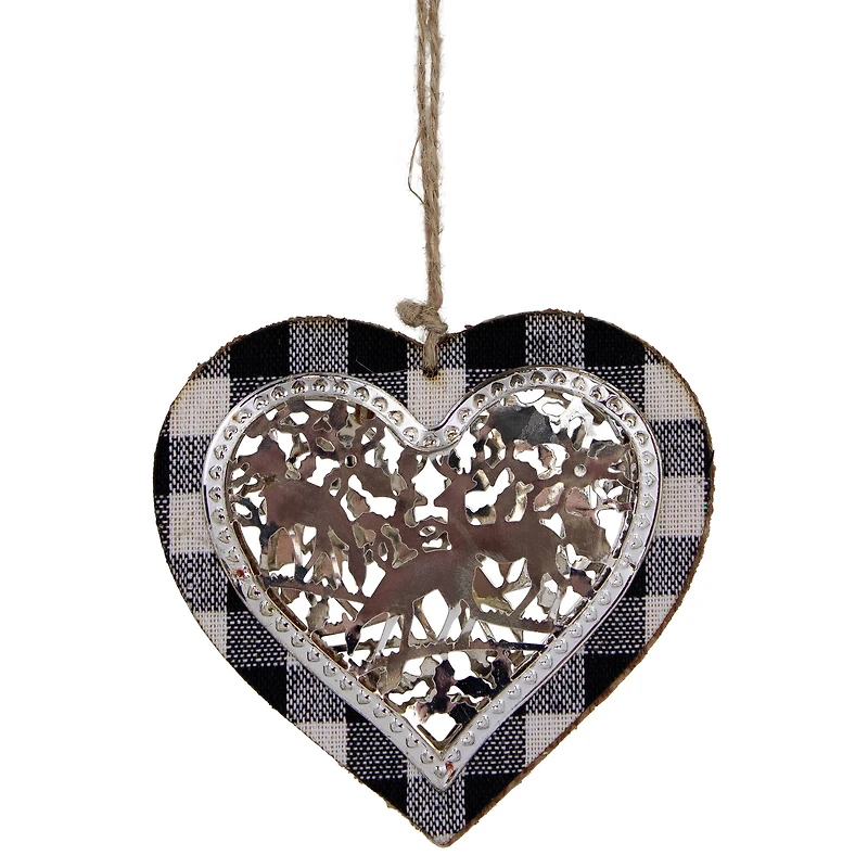 4.25" Black and White Buffalo Plaid Heart with Reindeer Christmas Ornament
