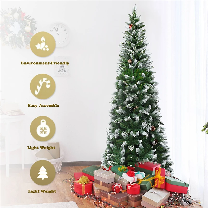 Costway 7.5ft. Snow Flocked Pencil Hinged Christmas Tree with Pinecones