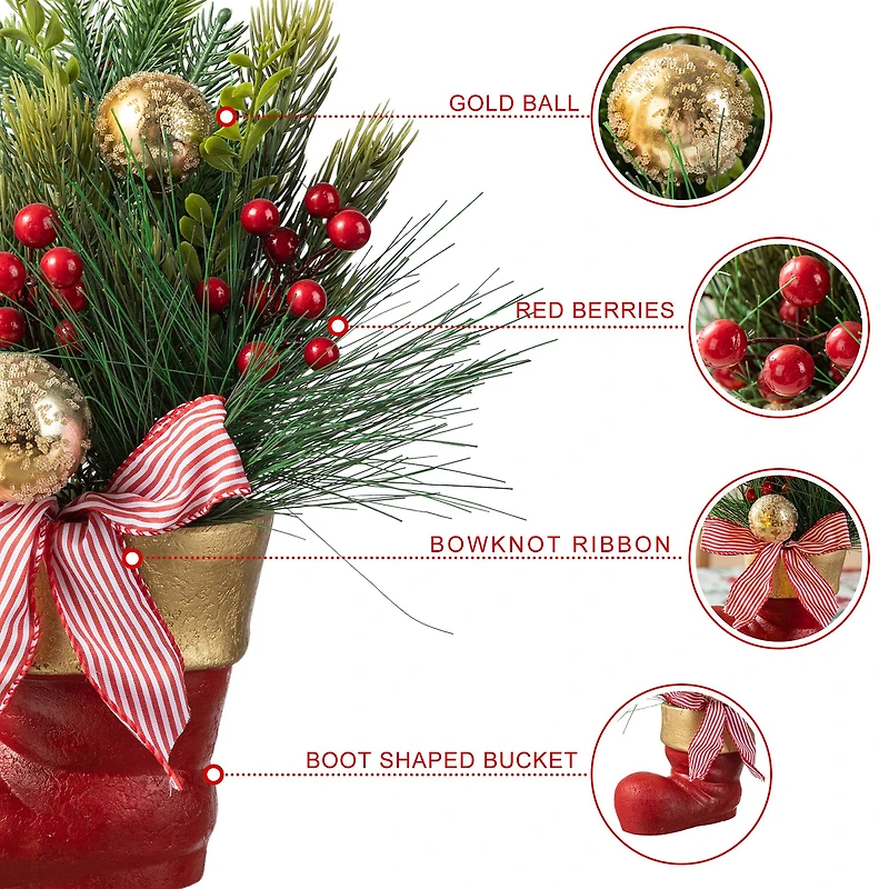 Glitzhome® 14" Christmas Red Boot with Pine Needle & Berry Centerpiece