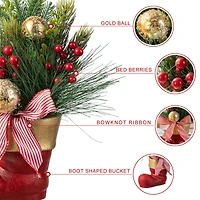 Glitzhome® 14" Christmas Red Boot with Pine Needle & Berry Centerpiece