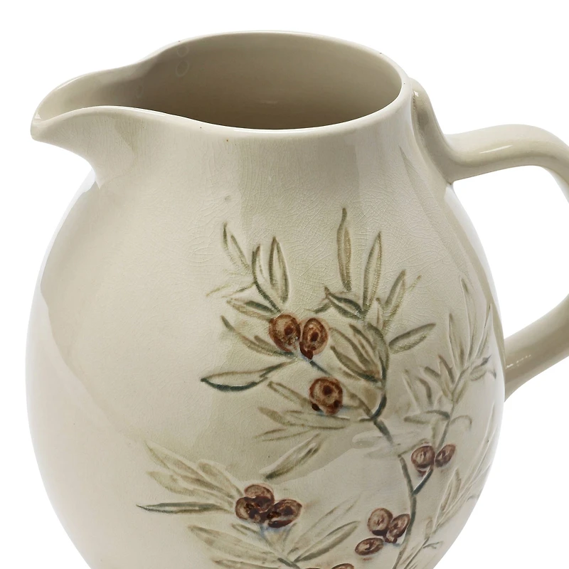 Hello Honey® 3qt. Cream & Green Olive Branch Design Debossed Stoneware Pitcher