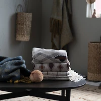 Hello Honey® Recycled Cotton Blend Printed Throw Blanket with Eye Pattern and Fringe, Cream and Brown