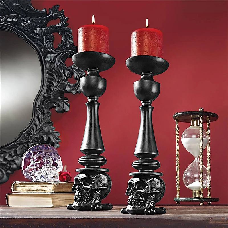 Design Toscano 14" Shadow of Darkness Skull & Bones Candlesticks Set