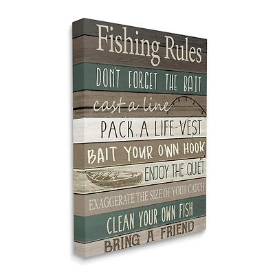 Stupell Industries Rustic Fishing Rules Sign Brown Green Beige Canvas Wall Art