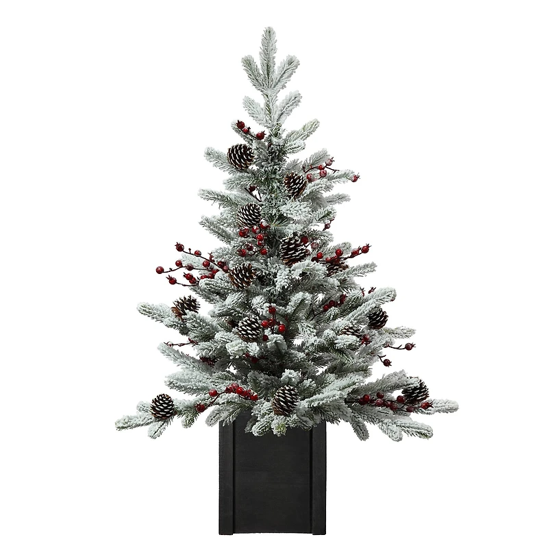 3ft. Unlit Flocked Stockhorn Fir Artificial Christmas Tree in Wooden Pot