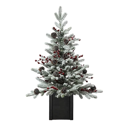 3ft. Unlit Flocked Stockhorn Fir Artificial Christmas Tree in Wooden Pot