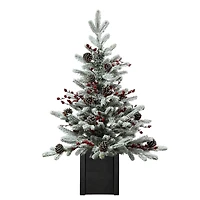 3ft. Unlit Flocked Stockhorn Fir Artificial Christmas Tree in Wooden Pot