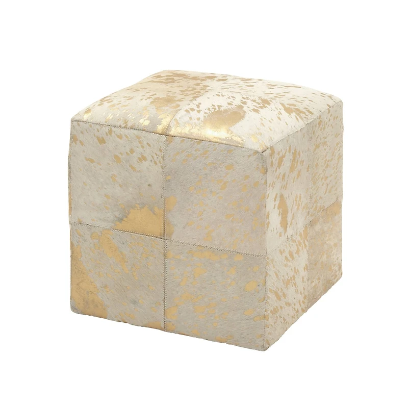 17" Gold Leather & Wood Glam Ottoman