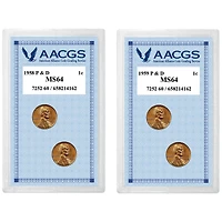 1958 Lincoln Wheat Pennies P&D Graded MS64 + 1959 Lincoln Memorial Pennies P&D Graded MS64