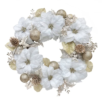 26" White & Gold Poinsettia, Berry & Ornament Wreath by Ashland®