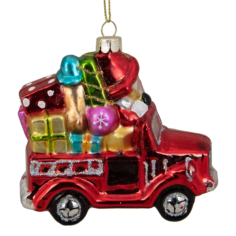 4" Red Fire Truck With Santa & Presents Glass Christmas Ornament