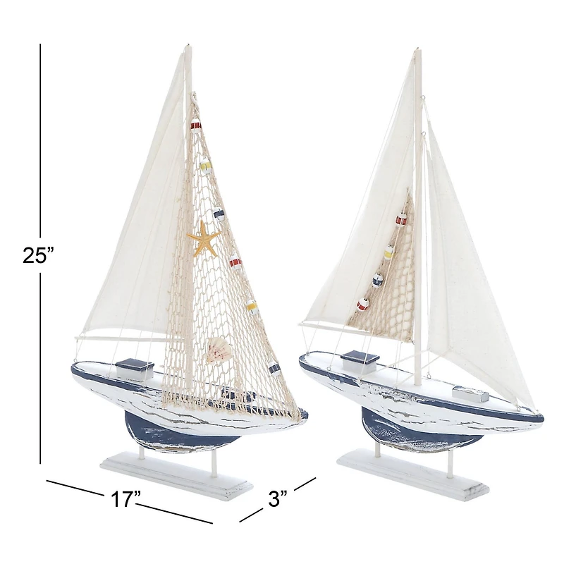White Wood Coastal Sail Boat Sculpture Set