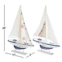 White Wood Coastal Sail Boat Sculpture Set