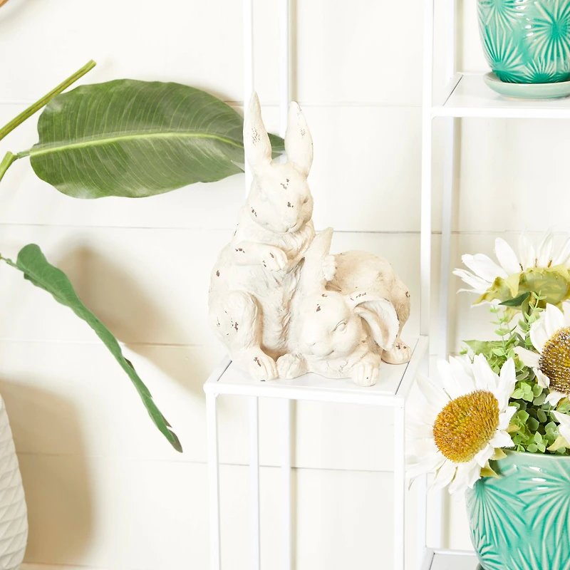 White Farmhouse Rabbits Garden Sculpture, 8" x 9" x 11"