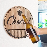 14" Rustic Wood Textured 'Cheers!' Bottle Opener & Cap Catcher