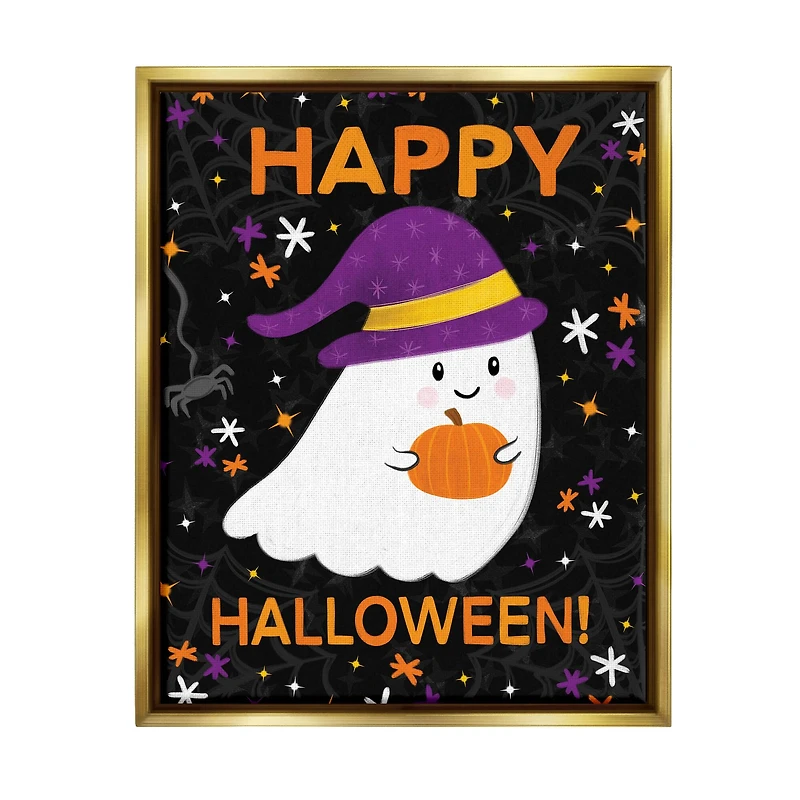 Stupell Industries Happy Halloween Happy Ghost Framed Floater Canvas Wall Art
