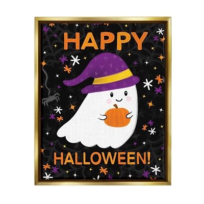 Stupell Industries Happy Halloween Happy Ghost Framed Floater Canvas Wall Art