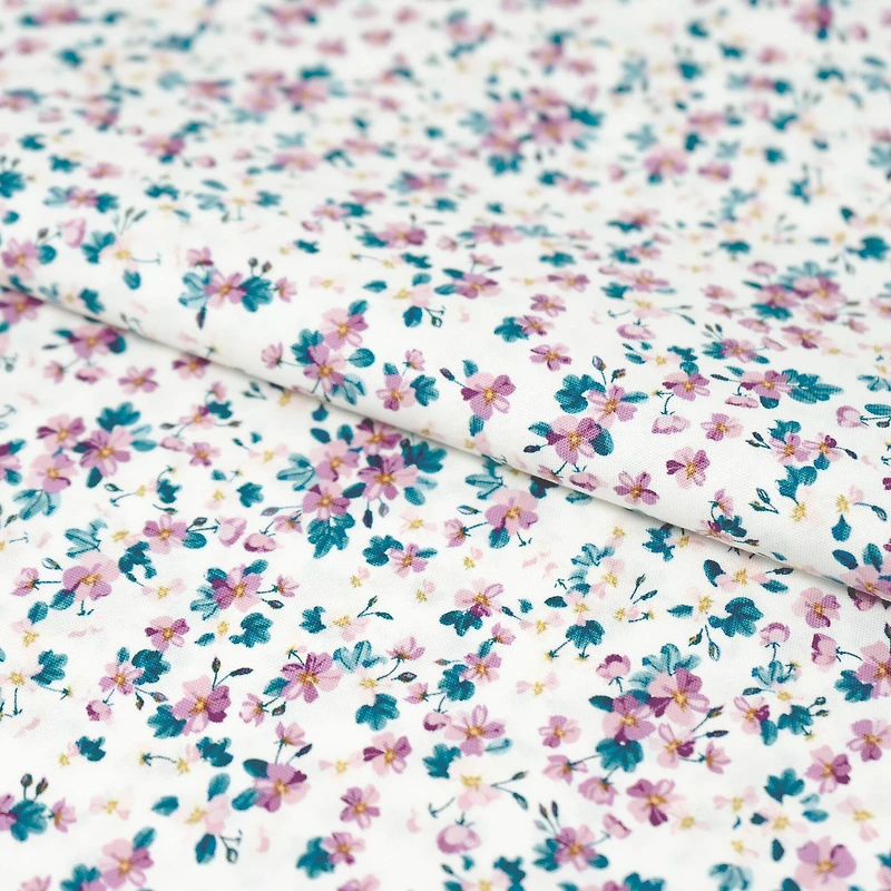 SINGER Purple Small Floral on White Cotton Fabric