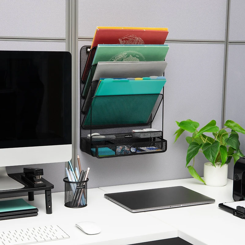 Mind Reader 4-Tier Vertical File Storage, Desktop Organizer, Wall Mount, Office, Metal Mesh, Black
