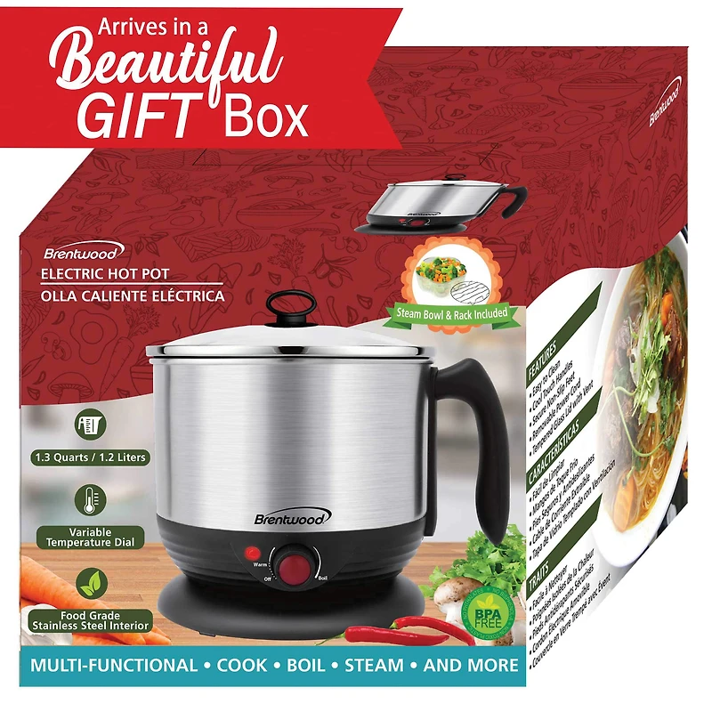 Brentwood Black 1.3qt. 600 Watt Stainless Steel Cordless Electric Hot Pot Cooker & Food Steamer With Swivel Base