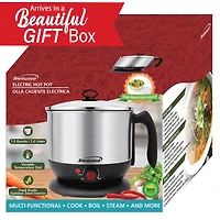 Brentwood Black 1.3qt. 600 Watt Stainless Steel Cordless Electric Hot Pot Cooker & Food Steamer With Swivel Base