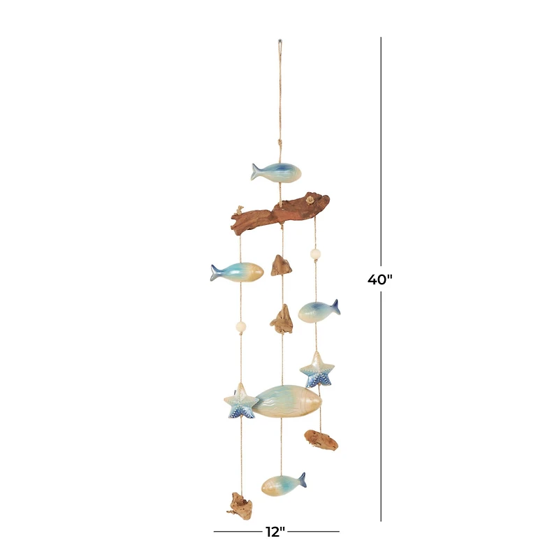 3ft. Brown Ceramic Fish Windchime with Driftwood & Hanging Starfish Accents