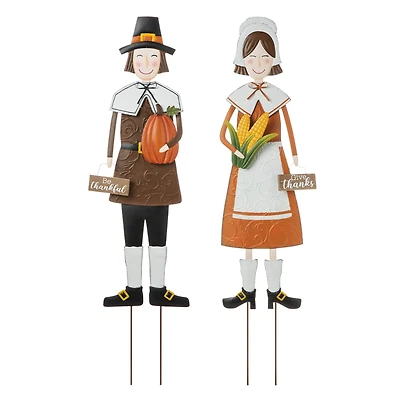Glitzhome® Metal Thanksgiving Pilgrim Hanging Or Standing Yard Stake Set