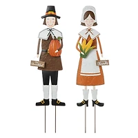 Glitzhome® Metal Thanksgiving Pilgrim Hanging Or Standing Yard Stake Set