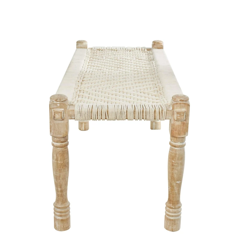 Beige Cotton Handmade Woven Chevron Bench with Mango Wood Legs